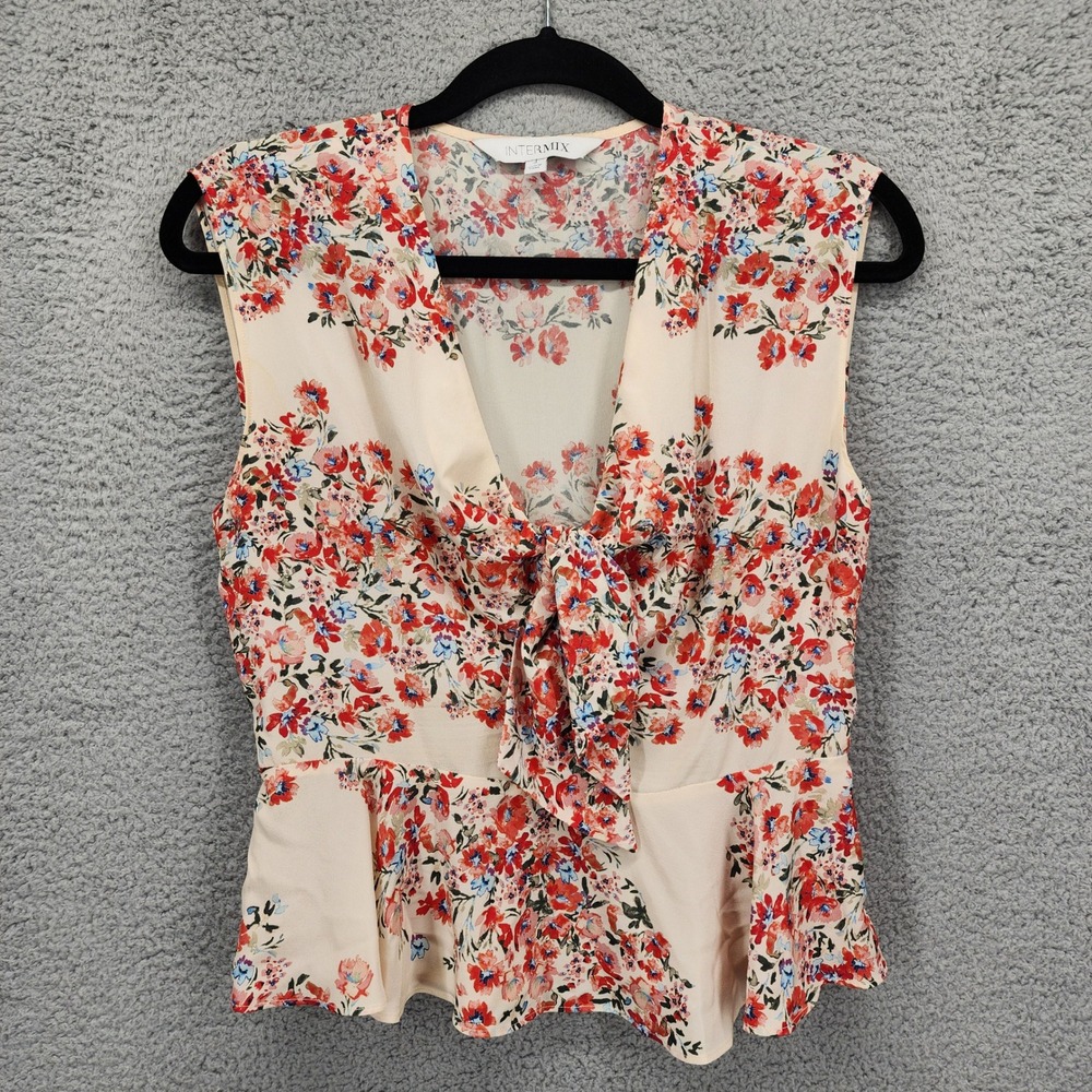 Intermix Women 4 Silk Floral Peplum Tie Front Sleeveless Blouse Cream Red Blue